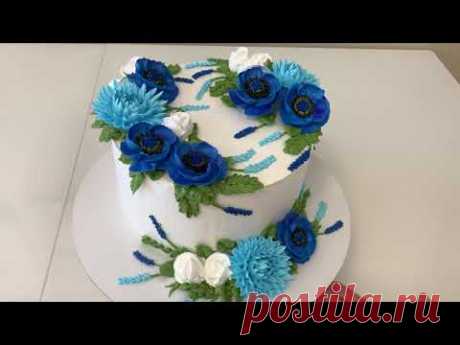 АНЕМОНЫ ХРИЗАНТЕМЫ из БЗК! Cake Decorating Ideas! Как украсить торт синими цветами! Красивый торт!