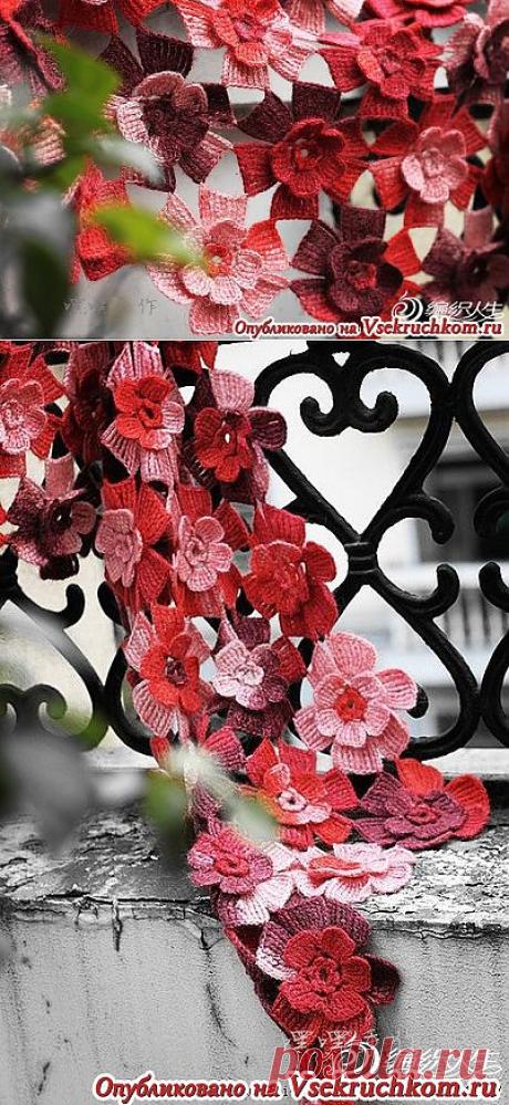 Лёгкий цветочный палантин из воздушной меланжевой ангоры, вязаный  крючком. Схема | Все крючком.ру