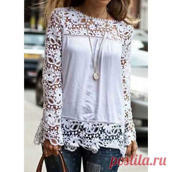 Stylish Round Neck Long Sleeve Spliced Hollow Out Women's Blouse | TwinkleDeals.com