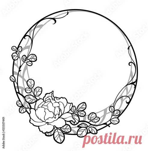 Decorative Round Frame With Peony Rose Flower. Black And Grey Line Art  2B4 Download Decorative round frame with peony rose flower. Black and grey line art on white background. Can be used for decorate postcards, tattoo, engraving, etch