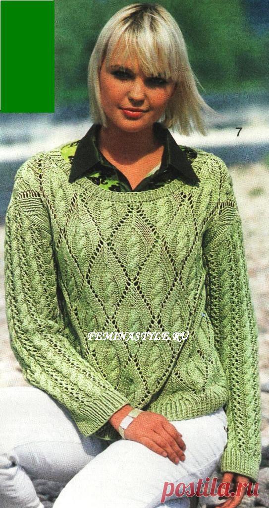 Светло-зеленый узорчатый пуловер связанный спицами / Рукоделие / Домоводство / Женские секреты / Женский стиль