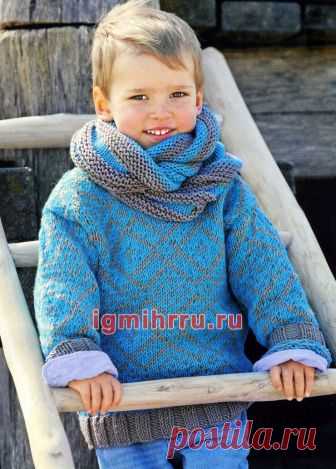 ДЛЯ МАЛЬЧИКА 2-8 ЛЕТ. ТЕПЛЫЙ ЖАККАРДОВЫЙ ПУЛОВЕР И ШАРФ-ПЕТЛЯ. Вязание спицами для детей