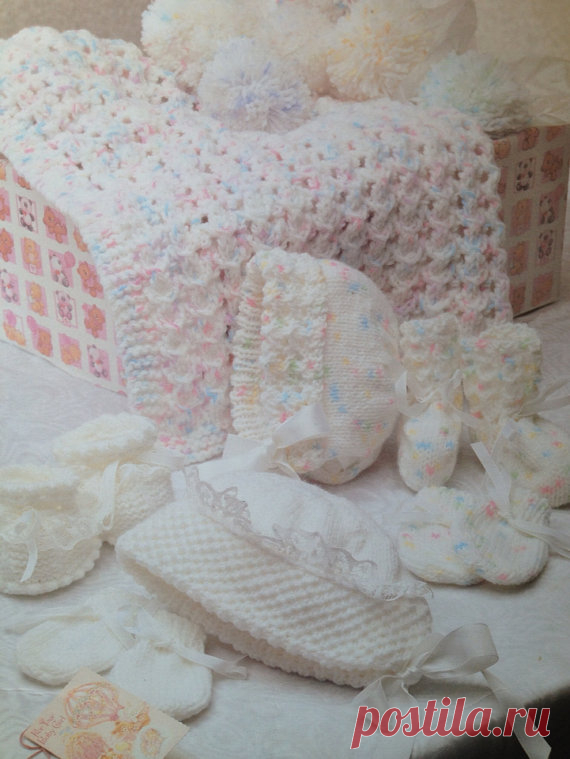 vintage knitting pattern PDF baby layette set booties hats lace bonnets mittens blanket dk 16 18 20 22 inches This item is a PDF file of the knitting pattern for these gorgeous baby items.    The pattern will be available for download upon receipt of payment, for you to print out or read from your computer.    The items are knit in double knitting yarn. The sizes range from 16 to 22 inches.    All patterns are sent with a UK/USA needle conversion chart.