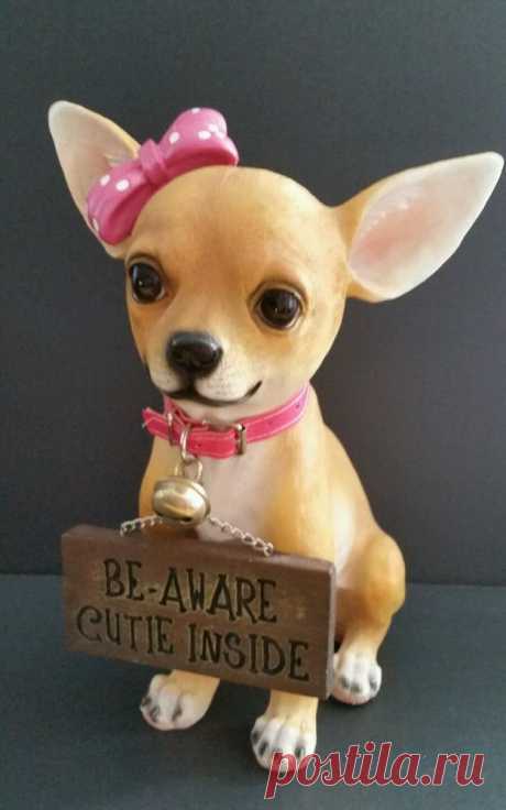 Lifelike Chihuahua Statue Figurine with Sign Be-Aware Cutie Inside 12" Tall New #DWKCorporation #realistic