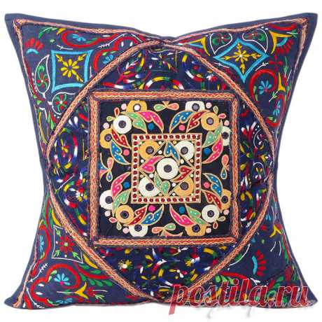 Large Blue Throw Pillow Couch Sofa Cushion Cover Indian Boho Bohemian Colorful Decorative - 24" | Patchwork Cushions | Eyes of India