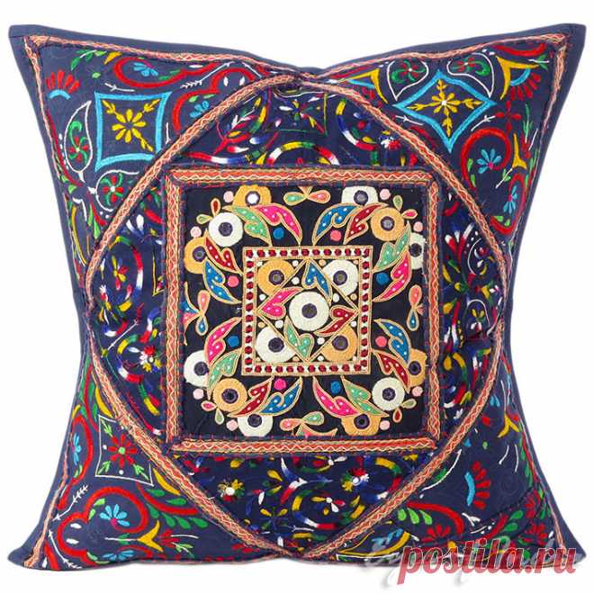Large Blue Throw Pillow Couch Sofa Cushion Cover Indian Boho Bohemian Colorful Decorative - 24