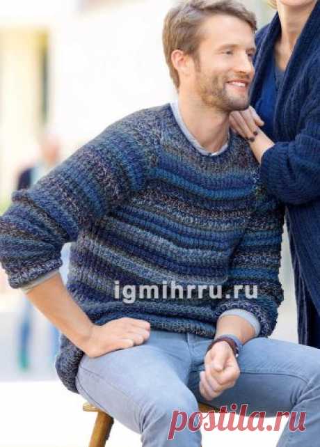 Мужской пуловер с рельефным узором. Вязание спицами