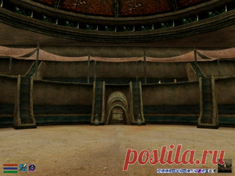 Арена Вивека (Vivec Arena).
Место проведения гладиаторских боев, которые мы не увидим, и персональных поединков, выпадающих нам по ходу игры. Но локация откровенно глюковатая, из троих соперников, коих мы вызвали на дуэль, двое на арену не явились...