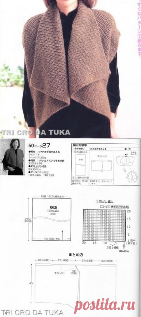 Жилет, связанный единым полотном,простая модель!