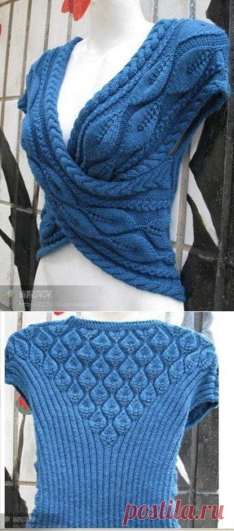 Вязание: болеро с узором из кос и листьев .