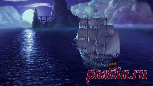 Корабль ночью в море, фэнтези - Картинки 1366x768 - Картинки широкоформатные - Анимации и картинки - Сайт Скорпион - для Вас