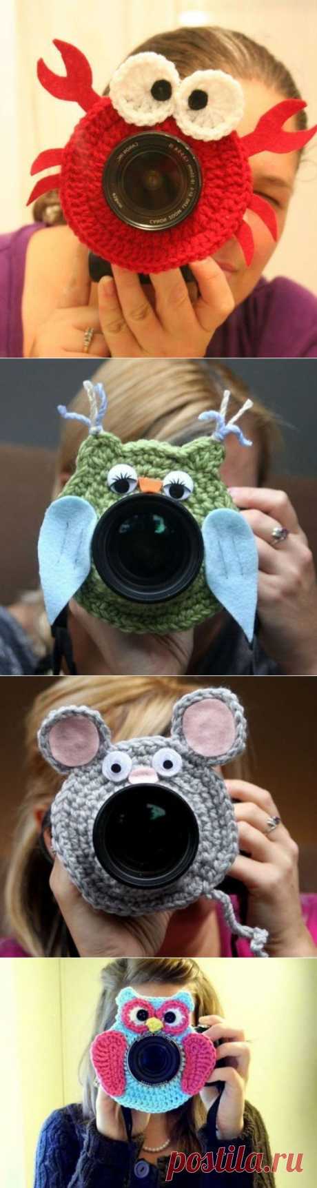 Вязаные игрушки - насадки на фотоаппарат.