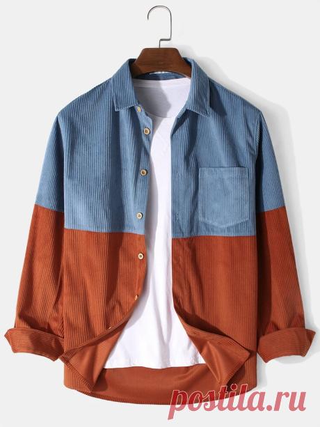 Banggood Design Mens Corduroy Patchwork Solid Color Button Up Long Sleeve Cargo - US$22.99