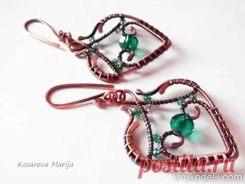 Серьги "Изумрудные листики" / Wire Wrap / В рукоделии
