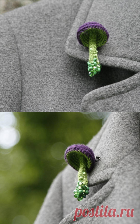 Beaded mushroom crochet brooch whimsical jewelry