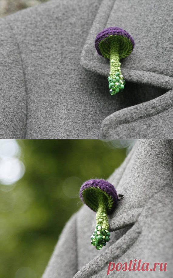 Beaded mushroom crochet brooch whimsical jewelry