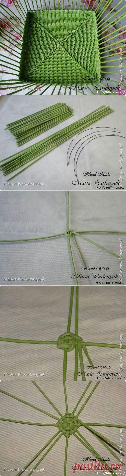 квадратное дно от центра - плетение из газетных трубочек.