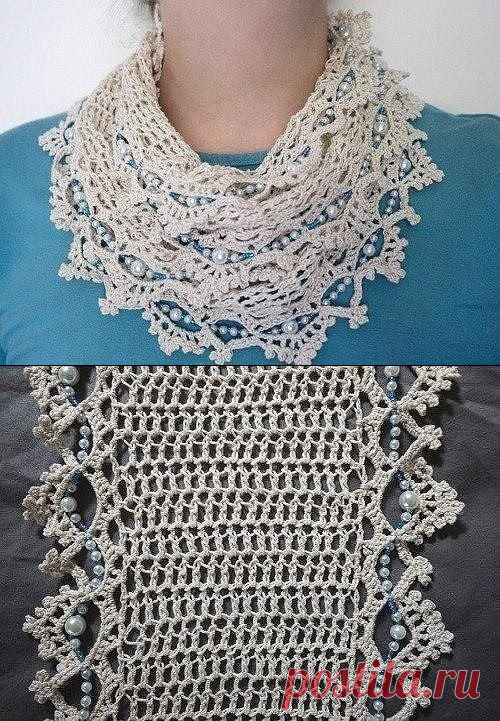 Шарфик с украшением из бисера и бусинок. Крючком. Схема. / Вязаные идеи, идеи для вязания