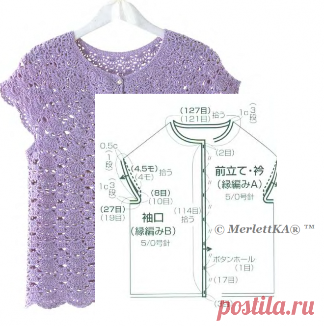 Тонкая и изящная работа с дополнительной обвязкой крючком пройм и окатов делает эту кофту настоящим произведением искусства.

=== КУРС === 
«Азбука вязания крючком»