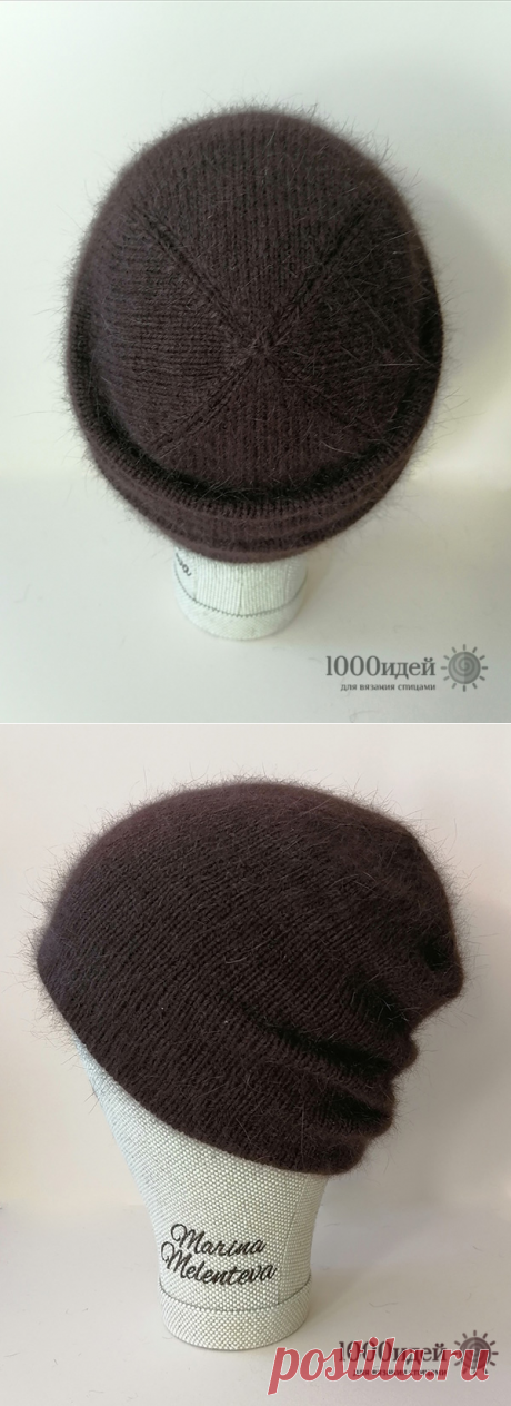 Двойная шапка бини из пуха норки и варежки спицами описание