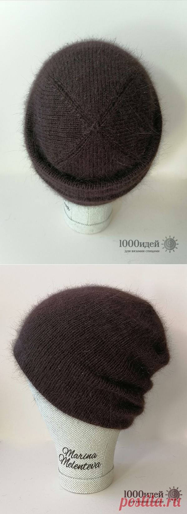 Двойная шапка бини из пуха норки и варежки спицами описание