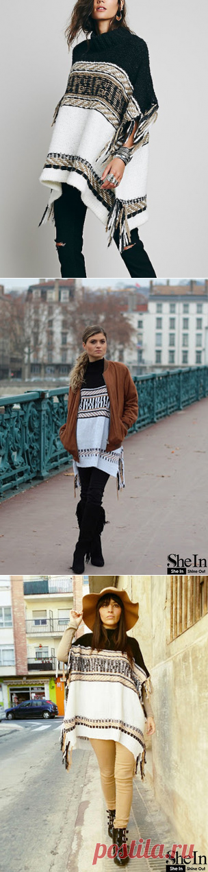 Turtleneck Color-block Tassel Poncho -SheIn(Sheinside)