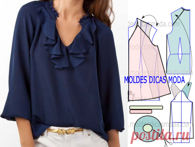 MOLDE BLUSA AZUL -81 | Moldes Dicas Moda O trabalho que proponho hoje tem o propósito de clarificar a transformação do molde blusa azul que vai com certeza fazer as delícias de muitos seguidores. Para fazer este modelo imprima o molde base de blusa e faça a gradação para o seu tamanho. Depois de obter o molde base…