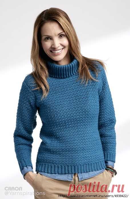 Пуловер с высоким воротником крючком. Adult crochet Turtleneck Pullover by Caron Design Team.