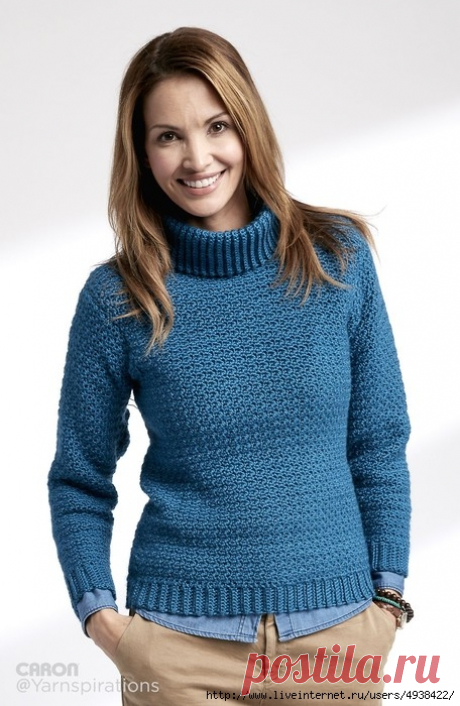 Пуловер с высоким воротником крючком. Adult crochet Turtleneck Pullover by Caron Design Team.