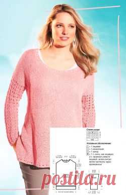 Пуловер из розовой меланжевой пряжи с ажурными рукавами