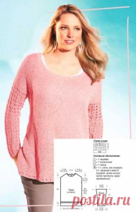 Пуловер из розовой меланжевой пряжи с ажурными рукавами