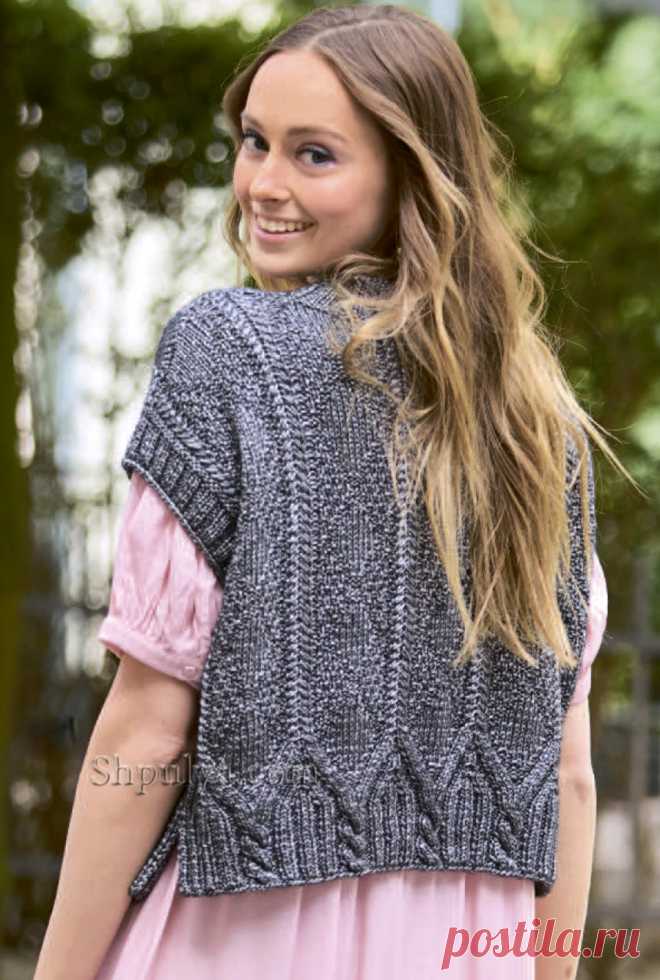 Темно-серый вязаный жилет с узором из «кос» — Shpulya.com - схемы с описанием для вязания спицами и крючком
