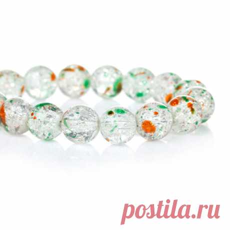 Стеклянные бусины 10 мм. с зелёно-оранжевыми пятнами (10 шт.)