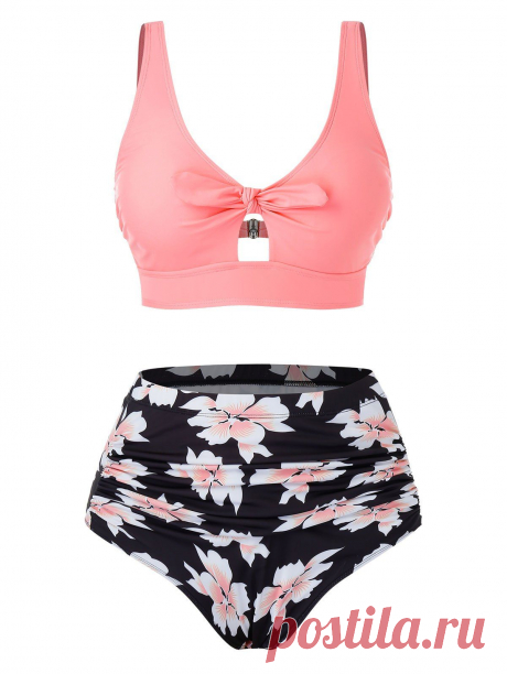 [34% OFF] 2020 Plus Size Bowknot Floral Printed Tankini Swimsuit In PINK | DressLily