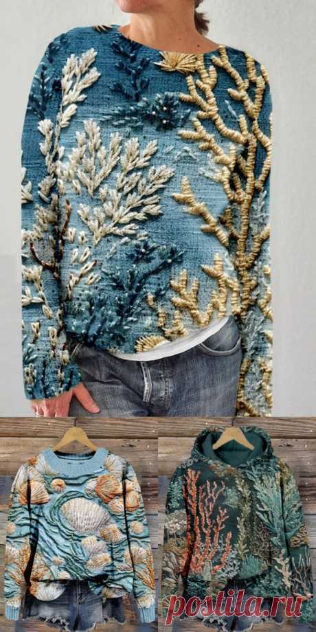 Ocean Coral Embroidery Art Cozy Knit Sweater