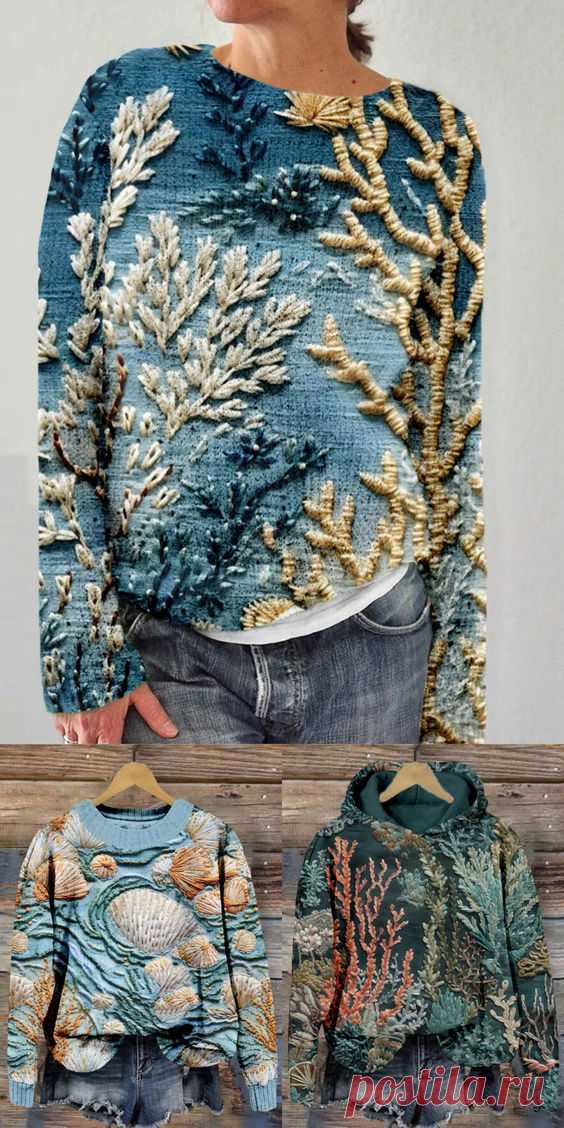 Ocean Coral Embroidery Art Cozy Knit Sweater