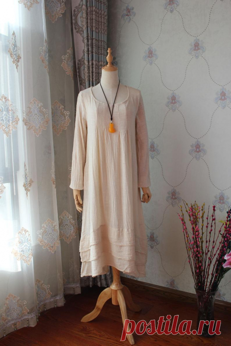 Women cotton long dress longsleeved dress Pockets dress | Etsy