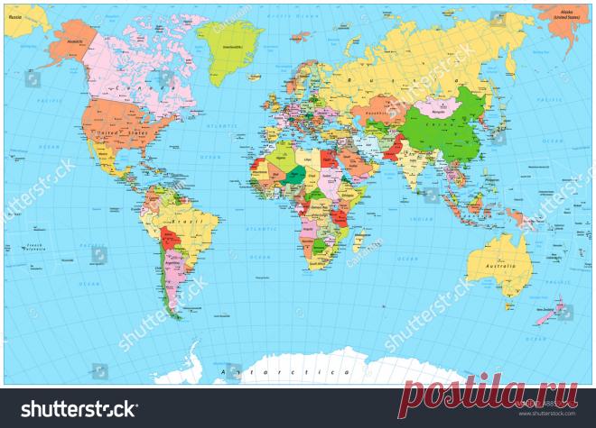 Large Detailed Political World Map Water Стоковое Векторное Изображение 488590762 - Shutterstock