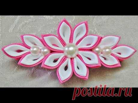 DIY kanzashi flower hairclip, kanzashi flower tutorial, how to, kanzashi flores de cinta - YouTube