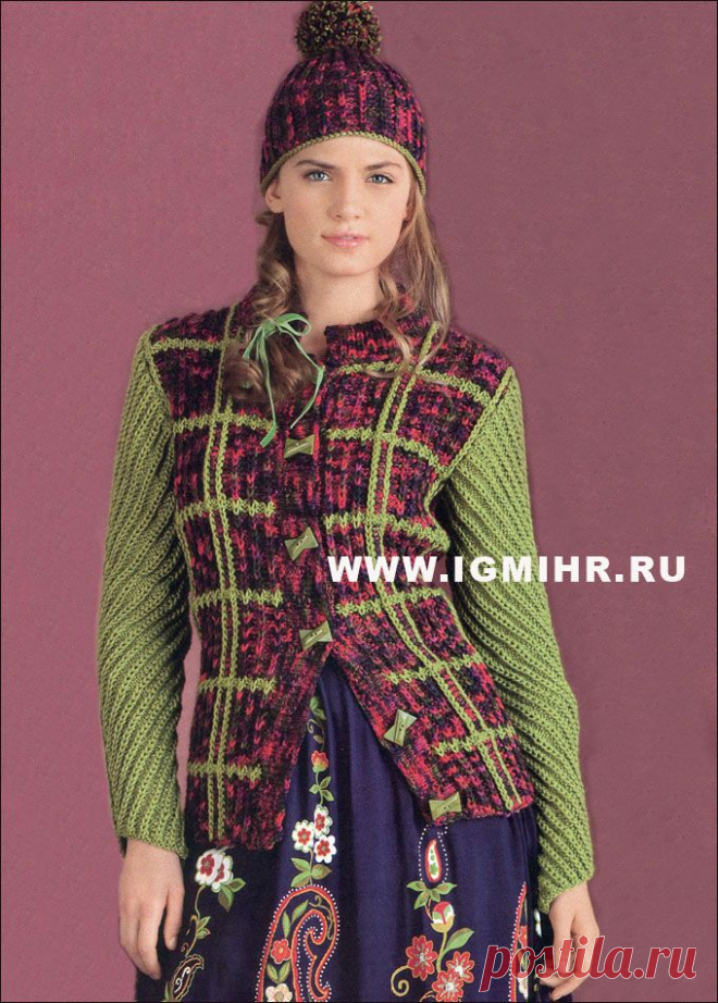 Неординарный клетчатый жакет с патентным узором на рукавах и шапочка с пышным помпоном. Спицы.