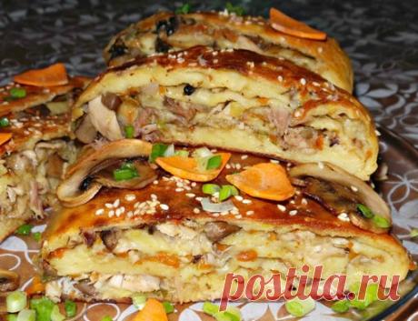 Картофельный рулет с курицей и грибами
Ингредиенты:
200 г куриного филе;
250-300 г свежих грибов,у меня шампиньоны;
Показать полностью…