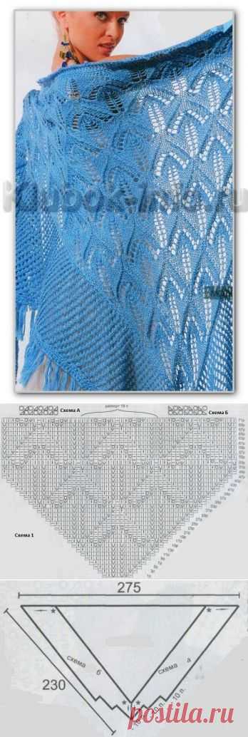 Вязание спицами. Однотонная ажурная шаль с широкой каймой и с бахромой. Размер: 275 х 230 см