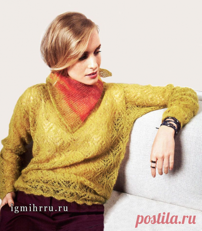 Ажурный мохеровый пуловер и шейный платок, от Lana Grossa.