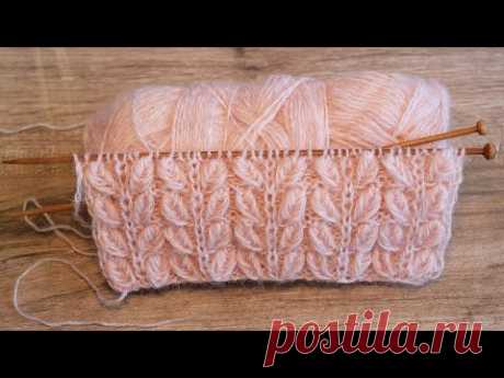 Узор «Двойные объёмные листики» спицами 🍂 « Double volumetric leaves» knitting pattern