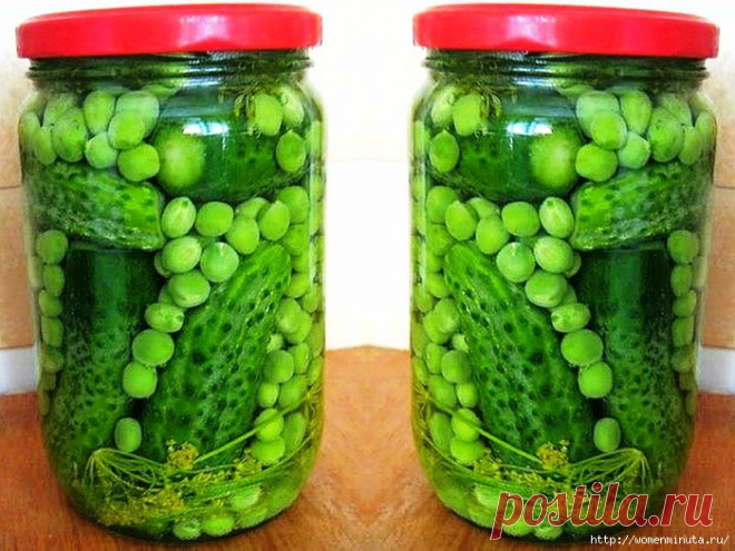 Маринованные огурцы с зелёным горошком для салата.