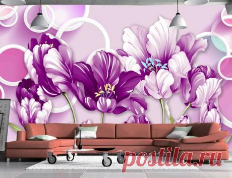 Пользовательские природы обои, круги и роспись Фиолетовый тюльпаны, 3D стереоскопического обои для гостиной спальня тисненые обои купить на AliExpress