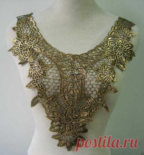 VY23 2 Flora Flowers Bodice Front Neck Venice Venise Applique Black Gold | eBay