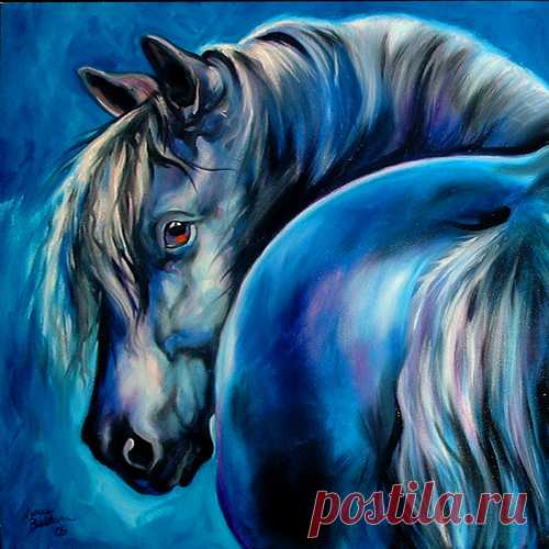 BLUE MOON an original oil painting of a black stallion on blue. copyrights 2006 M Baldwin Fine Art Originals, Inc.