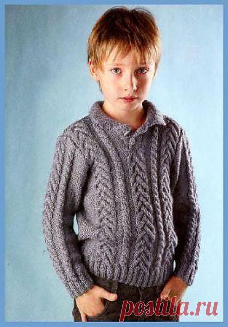 Серый пуловер поло (вязание спицами)