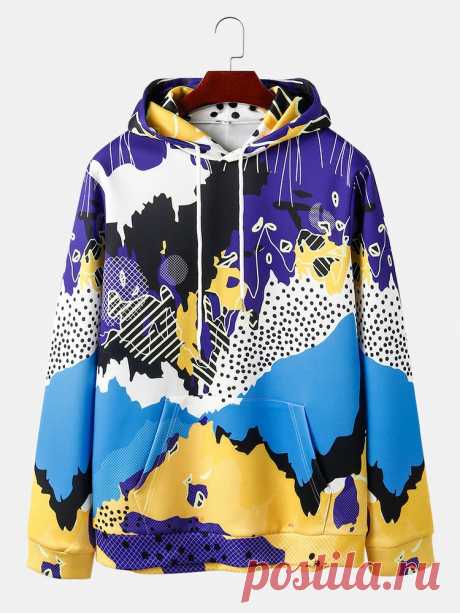 Mens Allover Colorful Abstract Print Casual Drawstring Hoodies With Kangaroo Poc - US$29.99
